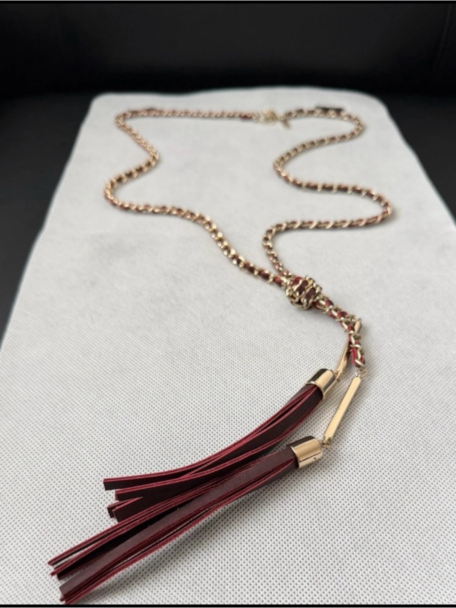 Whbm Extra Long Tassel Necklace Burgundy And Gold Toned